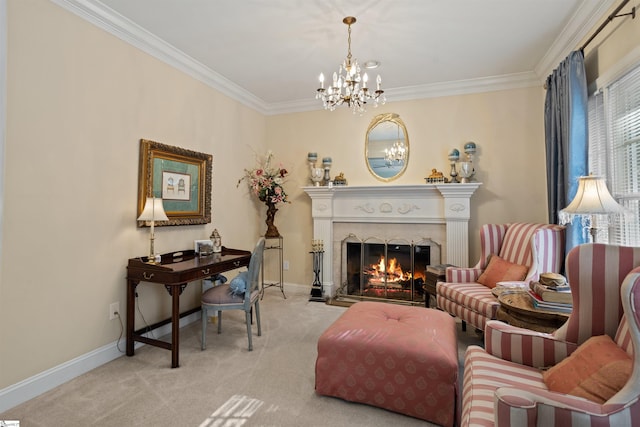 living area with ornamental molding, light carpet, and a high end fireplace