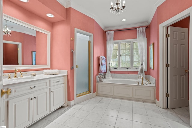 bathroom with ornamental molding, a chandelier, and tile patterned floors