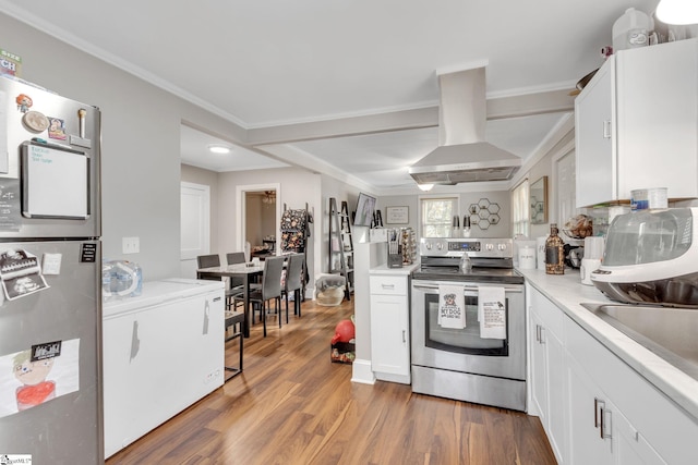 kitchen with white cabinets, stainless steel appliances, dark wood-type flooring, and island range hood