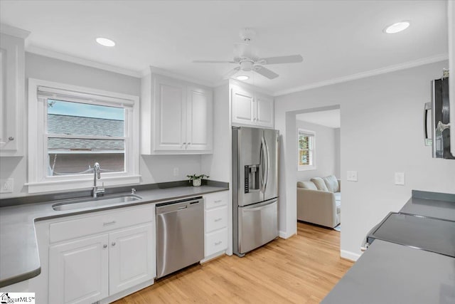 kitchen with light hardwood / wood-style floors, white cabinetry, plenty of natural light, and appliances with stainless steel finishes