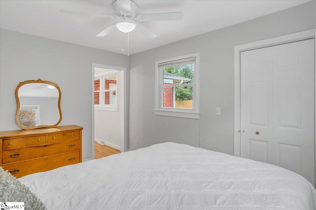 bedroom with ceiling fan, a closet, and light wood-type flooring