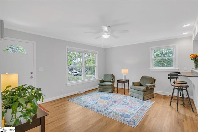 living area featuring ceiling fan, light wood-type flooring, and ornamental molding