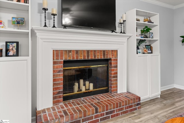 room details featuring a fireplace, wood-type flooring, built in features, and ornamental molding