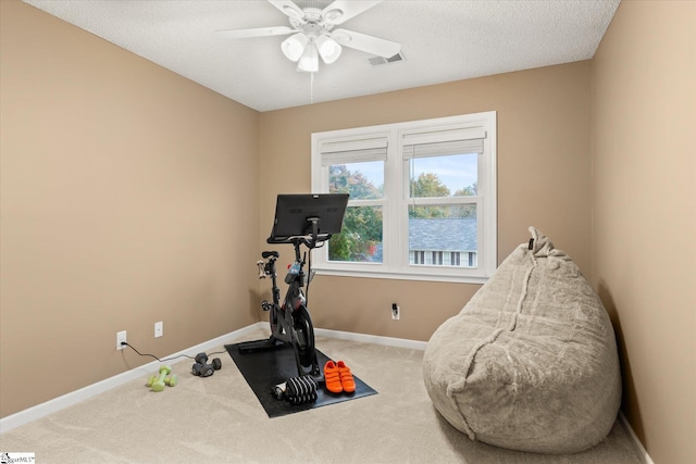 exercise area with ceiling fan, carpet floors, and a textured ceiling