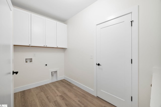 washroom with light hardwood / wood-style floors, electric dryer hookup, cabinets, and washer hookup