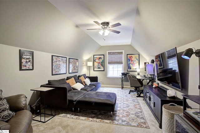 living room featuring light carpet, ceiling fan, and vaulted ceiling