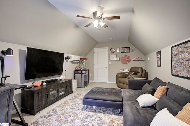 living room featuring ceiling fan, lofted ceiling, and light colored carpet