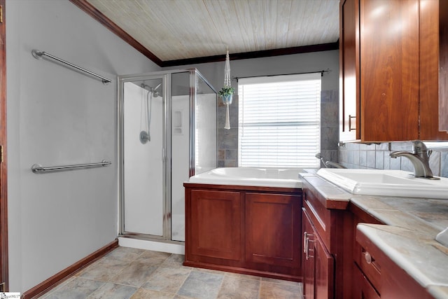 bathroom with tasteful backsplash, an enclosed shower, vanity, and ornamental molding