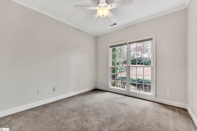 unfurnished room with ceiling fan, carpet, and crown molding