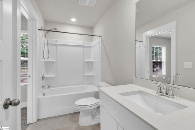 full bathroom featuring shower / bath combination, tile patterned floors, toilet, and vanity