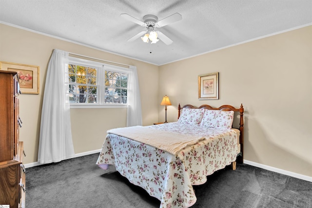 carpeted bedroom with a textured ceiling, ceiling fan, and crown molding