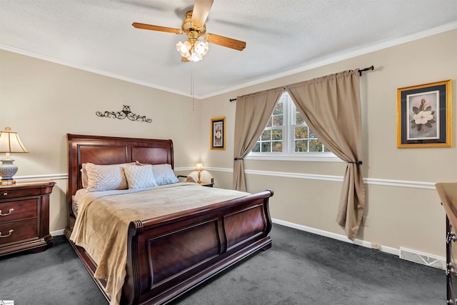 carpeted bedroom with ceiling fan, a textured ceiling, and crown molding