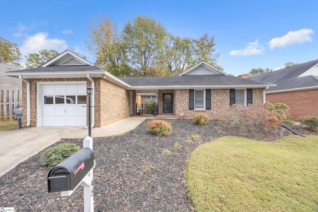 single story home with a garage and a front yard