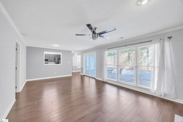 unfurnished living room featuring ornamental molding, ceiling fan, a textured ceiling, and dark hardwood / wood-style floors