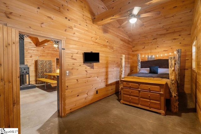 bedroom with concrete flooring, a wood stove, high vaulted ceiling, wood walls, and beamed ceiling