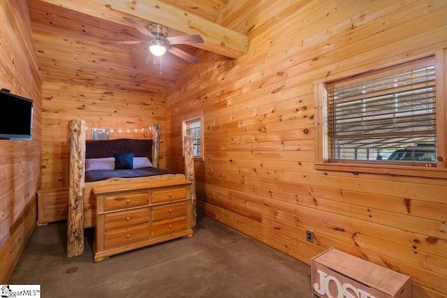 bedroom with wood walls, wooden ceiling, ceiling fan, and lofted ceiling with beams