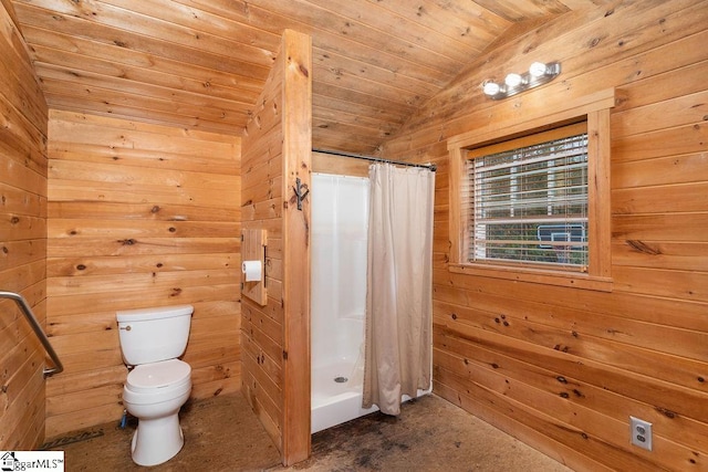 bathroom featuring wooden walls, vaulted ceiling, curtained shower, and wood ceiling