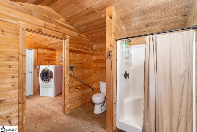 bathroom featuring curtained shower, wood walls, lofted ceiling, and wooden ceiling