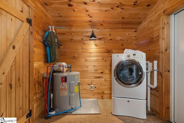 laundry room with wooden walls, a barn door, electric water heater, and wood ceiling