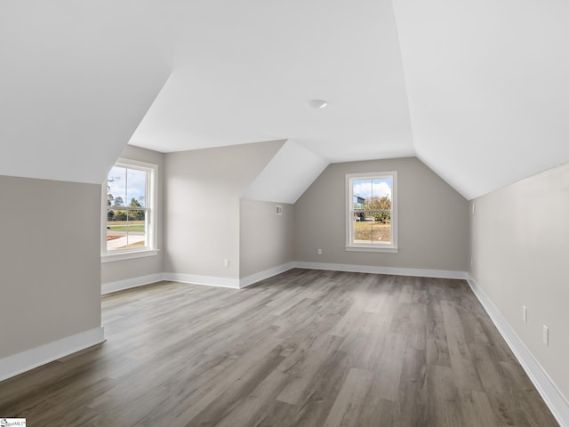 bonus room featuring wood-type flooring and vaulted ceiling