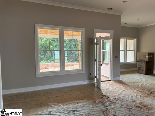 entryway featuring ornamental molding and plenty of natural light