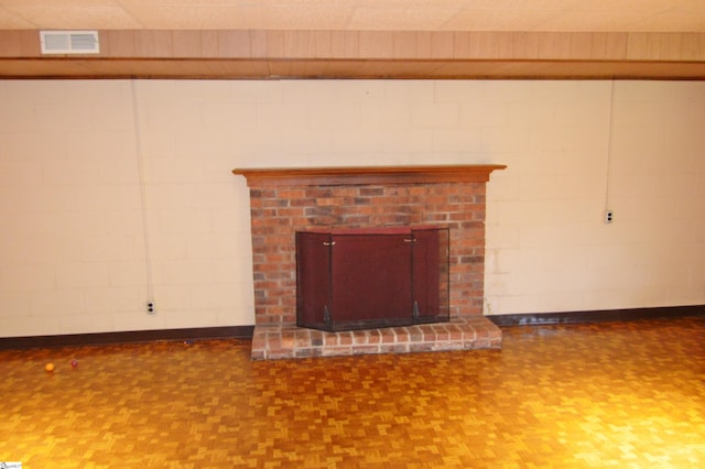 interior space with a brick fireplace