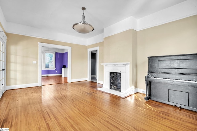 1303 E River St, Anderson, SC 29624 - unfurnished living room featuring a fireplace, baseboards, and light wood-type flooring