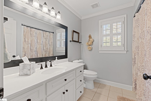 bathroom with toilet, vanity, tile patterned flooring, and ornamental molding