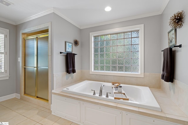 bathroom with independent shower and bath, tile patterned floors, and crown molding