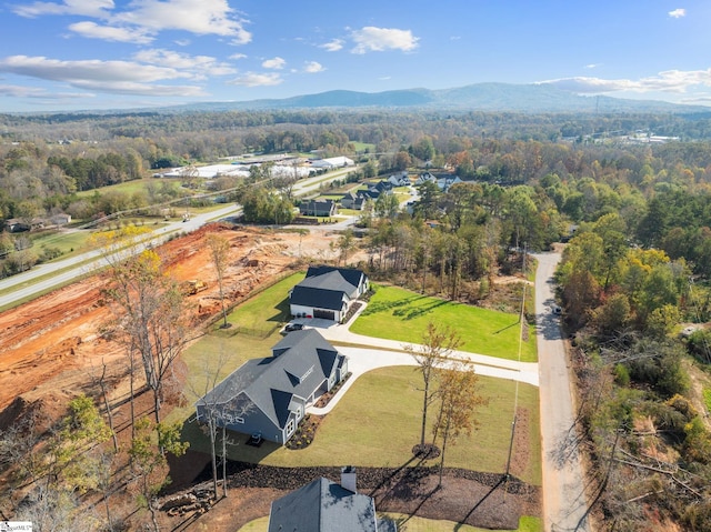 drone / aerial view featuring a mountain view