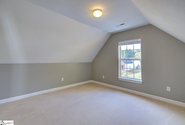 additional living space with carpet floors, a textured ceiling, and vaulted ceiling