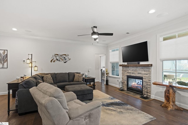 living room featuring a stone fireplace, dark hardwood / wood-style floors, crown molding, and ceiling fan