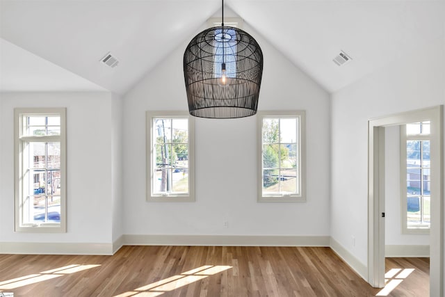 empty room featuring light hardwood / wood-style floors, vaulted ceiling, and a healthy amount of sunlight