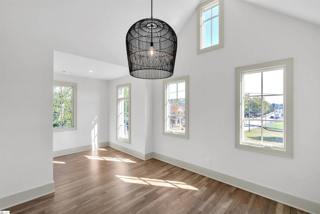 spare room with high vaulted ceiling, hardwood / wood-style flooring, and a healthy amount of sunlight