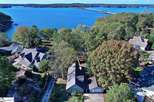 drone / aerial view featuring a water view