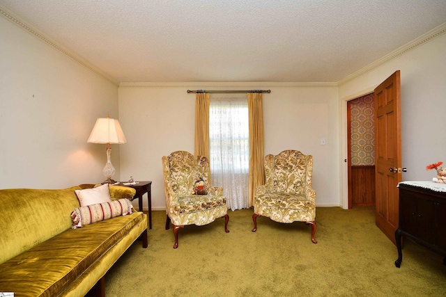 living area with crown molding, carpet floors, and a textured ceiling