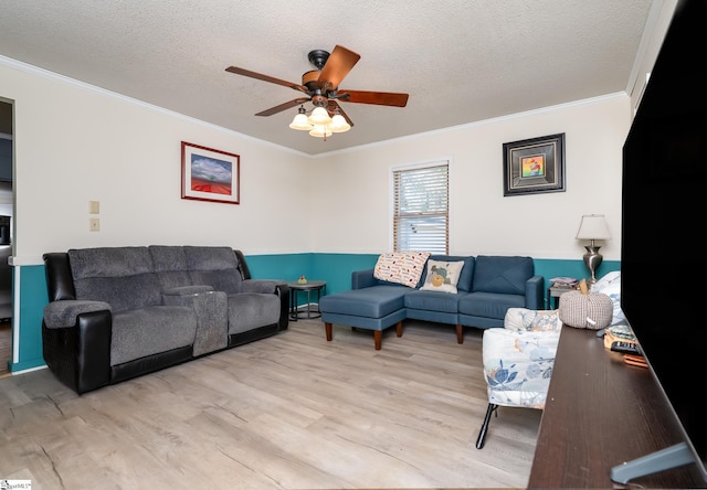 living room with ceiling fan, ornamental molding, a textured ceiling, and light wood-type flooring