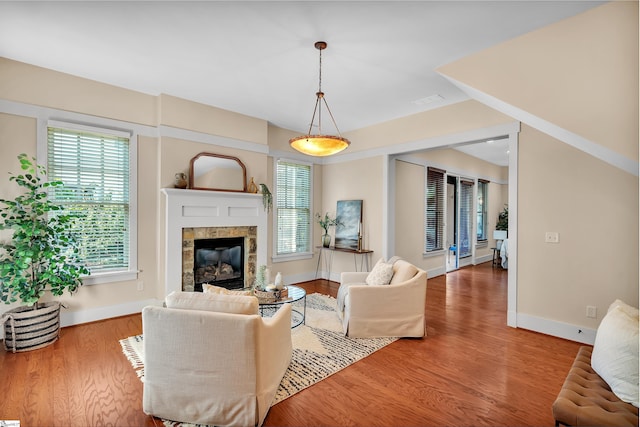 living room with a healthy amount of sunlight, a fireplace, and hardwood / wood-style flooring