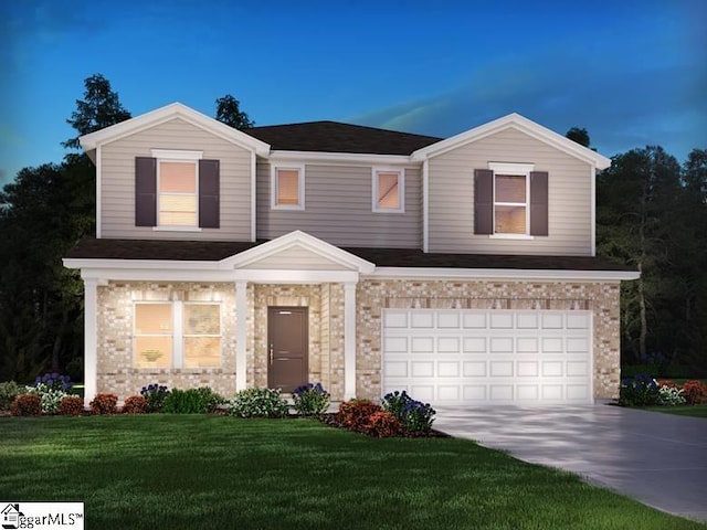 view of front facade with a lawn and a garage