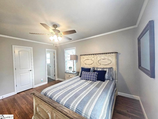 bedroom featuring dark wood-type flooring, ceiling fan, and crown molding