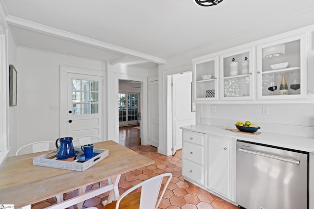 kitchen with white cabinets, dishwasher, and ornamental molding