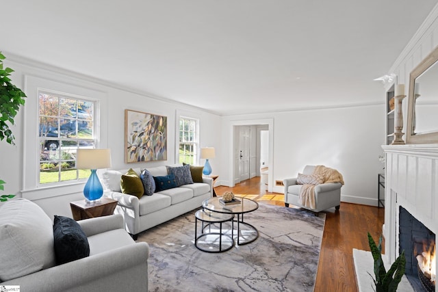 living room featuring hardwood / wood-style floors, a fireplace, and crown molding