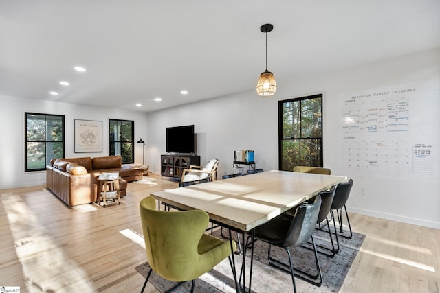 dining space with a wealth of natural light and light hardwood / wood-style flooring