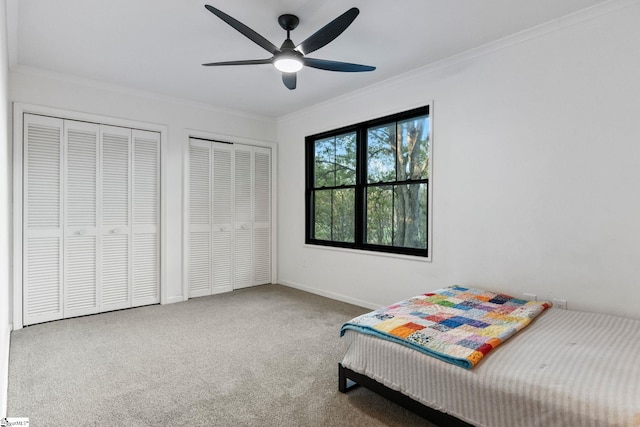 carpeted bedroom featuring ornamental molding, two closets, and ceiling fan