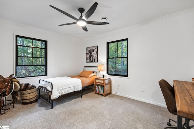 bedroom featuring ornamental molding, multiple windows, carpet, and ceiling fan