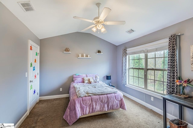 carpeted bedroom featuring vaulted ceiling and ceiling fan