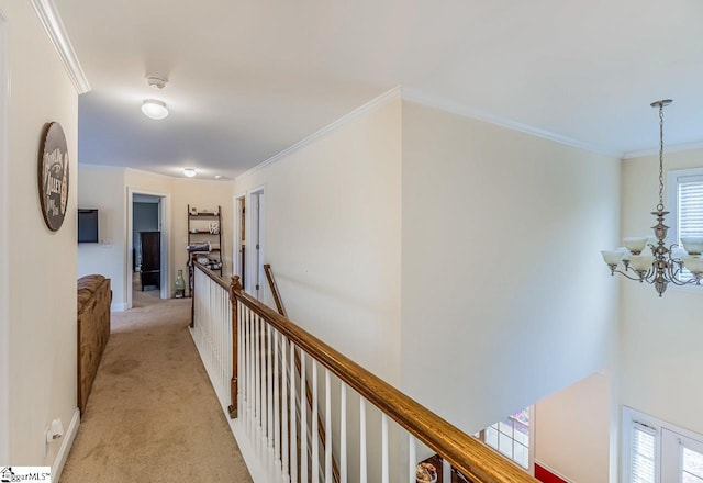 hallway with crown molding, light carpet, and an inviting chandelier