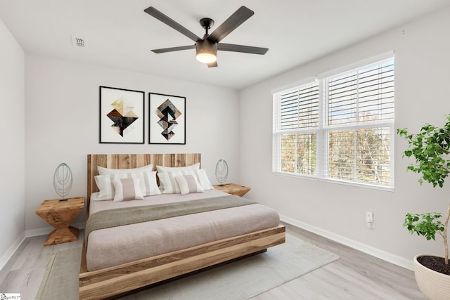 bedroom featuring hardwood / wood-style floors and ceiling fan