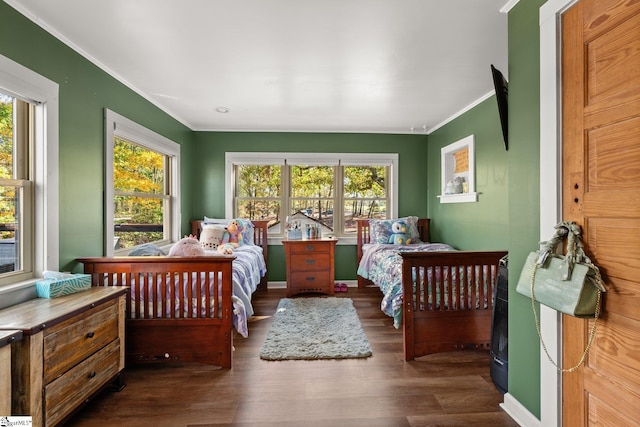 bedroom with multiple windows, dark hardwood / wood-style flooring, and crown molding