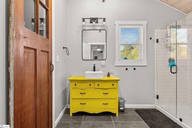 bathroom with vanity, a healthy amount of sunlight, tile patterned floors, and an enclosed shower